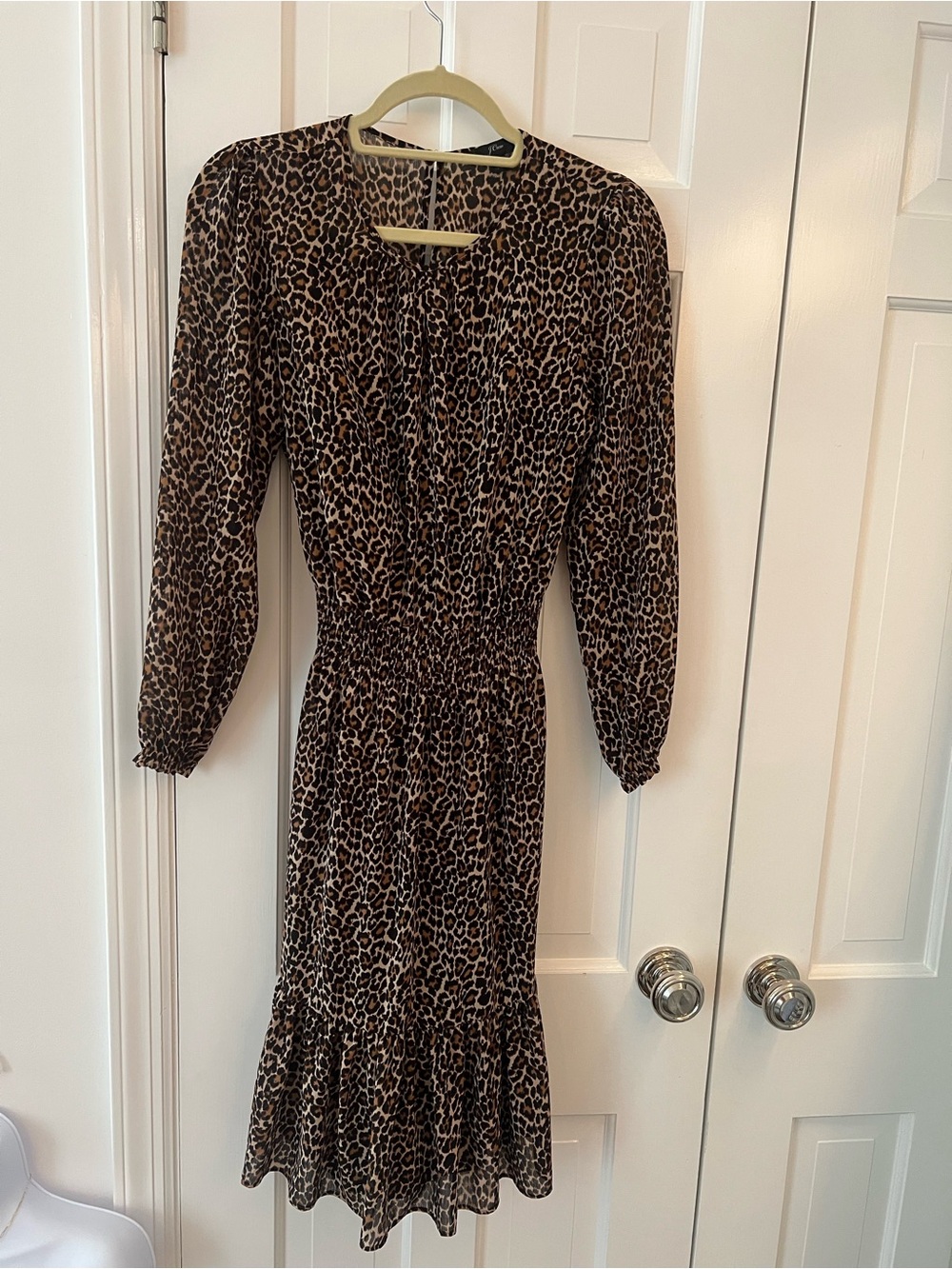 J. Crew Leopard Print Long Sleeve Smocked Midi Dress - Brown/Black